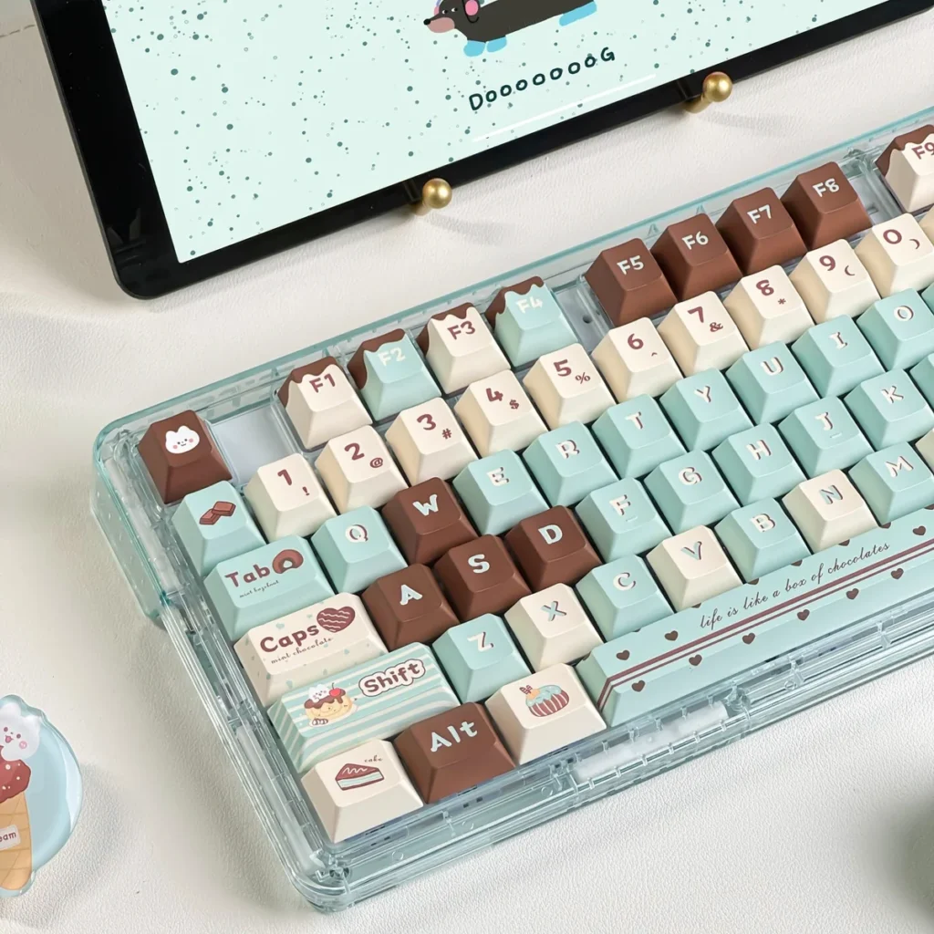 Close-up of Mint Chocolate keycaps showing PBT dye-sub legends
