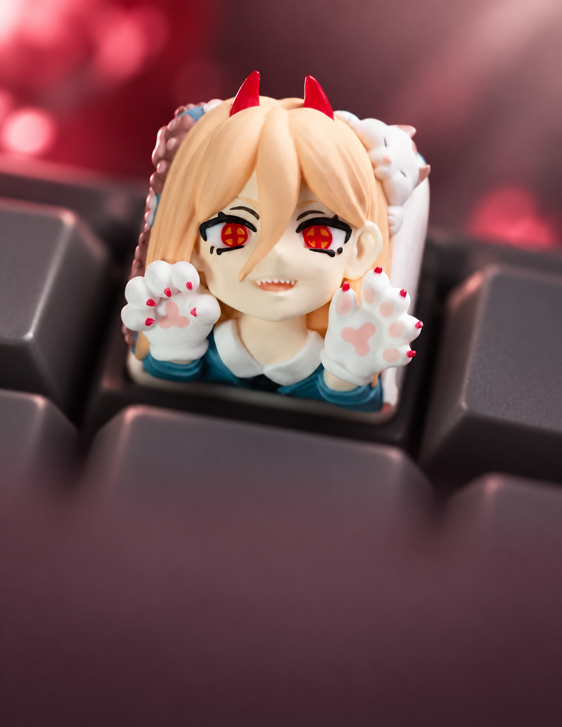 Chainsaw Man Power character artisan keycap with red horns and cat-paw gloves