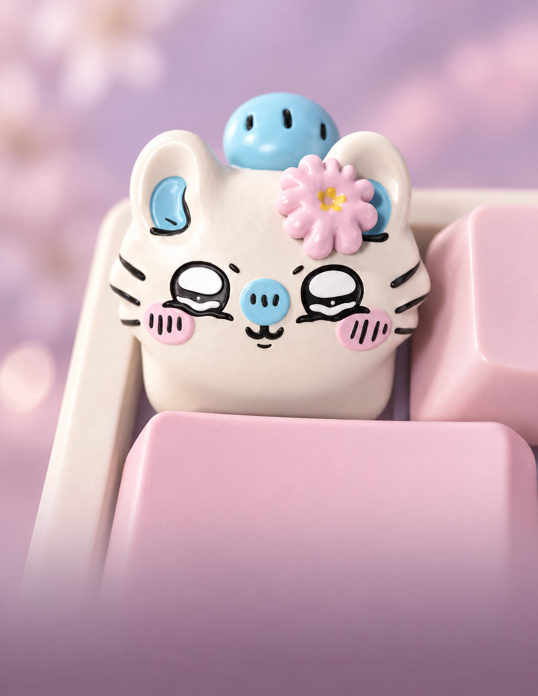 Chiikawa character artisan keycap with a pink flower
