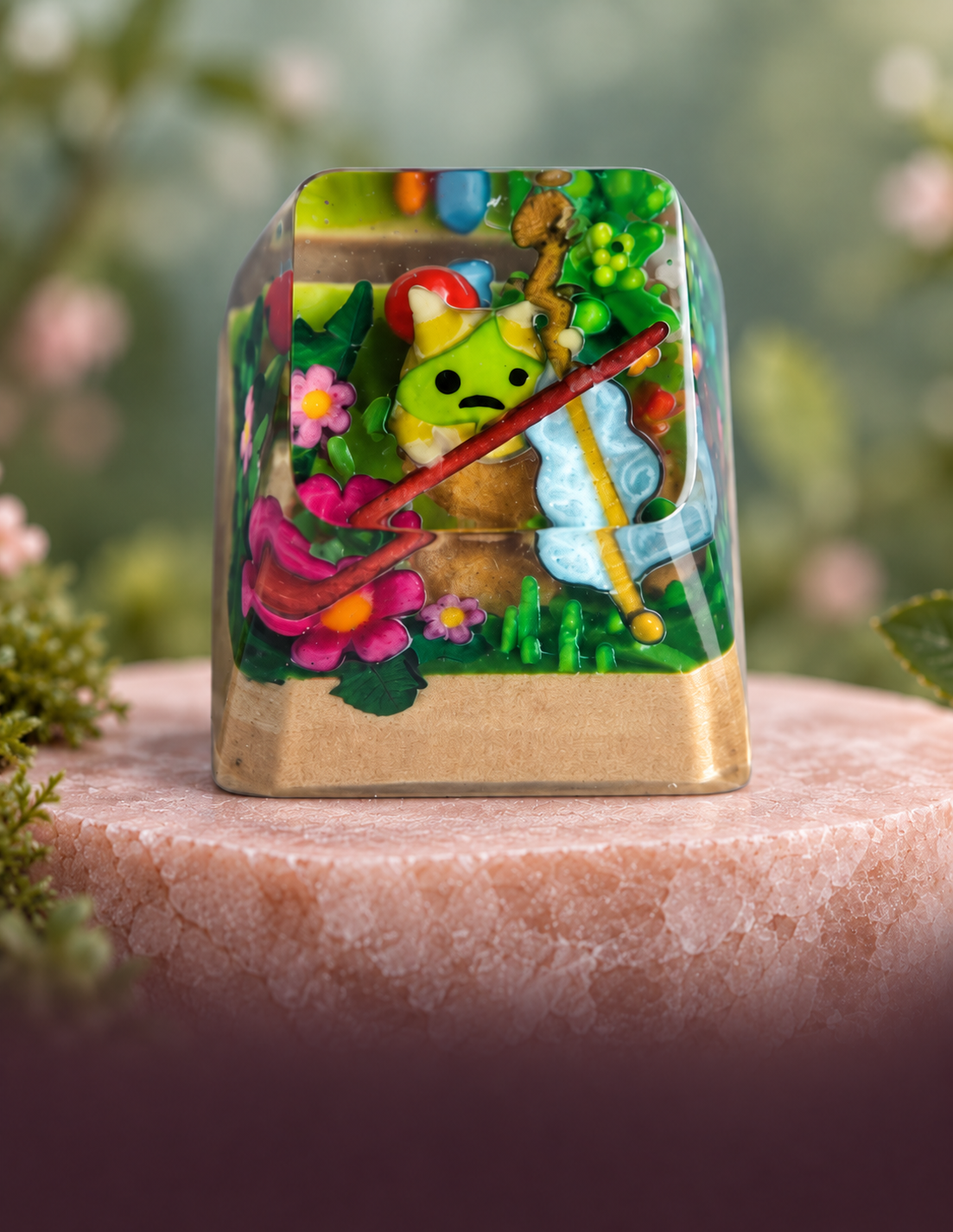 The Legend of Zelda Korok scene in a clear resin artisan keycap