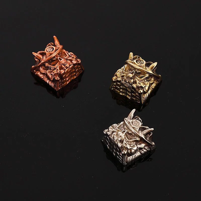 Detail shot of the Oni mask's fierce expression on the metal keycap.
