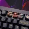 Oni Warrior artisan keycap in white copper, mounted on a mechanical keyboard.