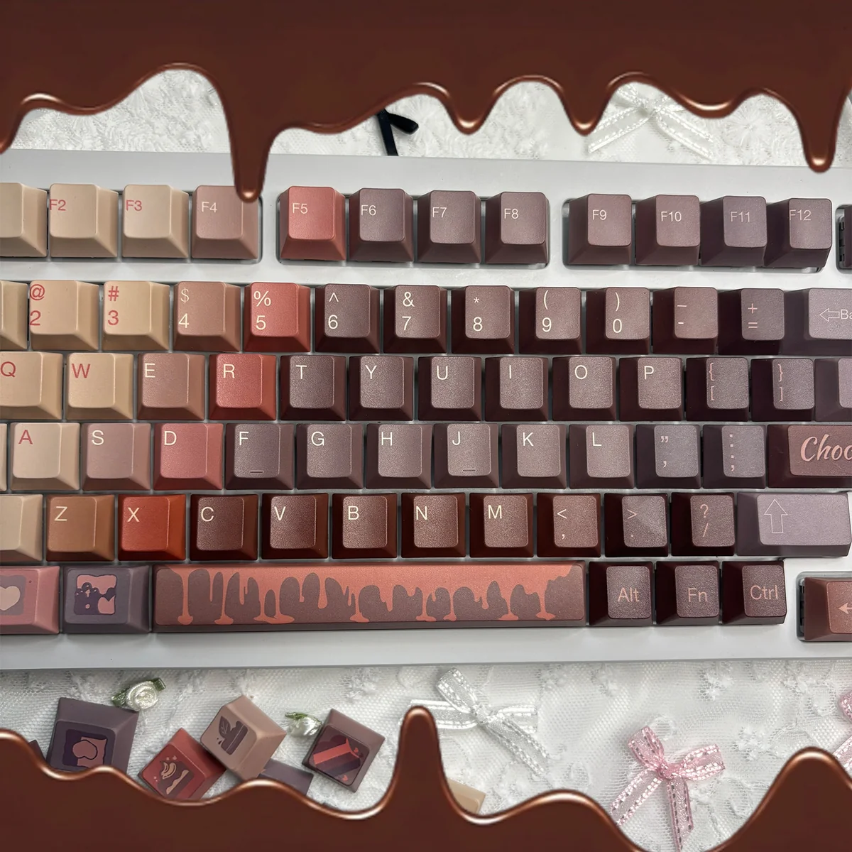 Detailed shot of individual chocolate-themed keycaps, emphasizing the smooth finish and quality of the PBT material.