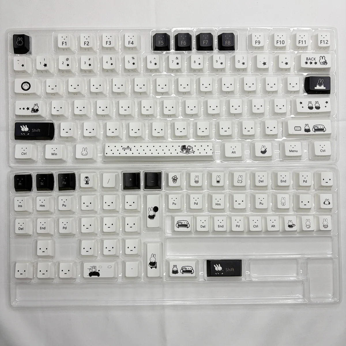 Textured view of PBT Miffy keycaps, emphasizing durability and matte finish