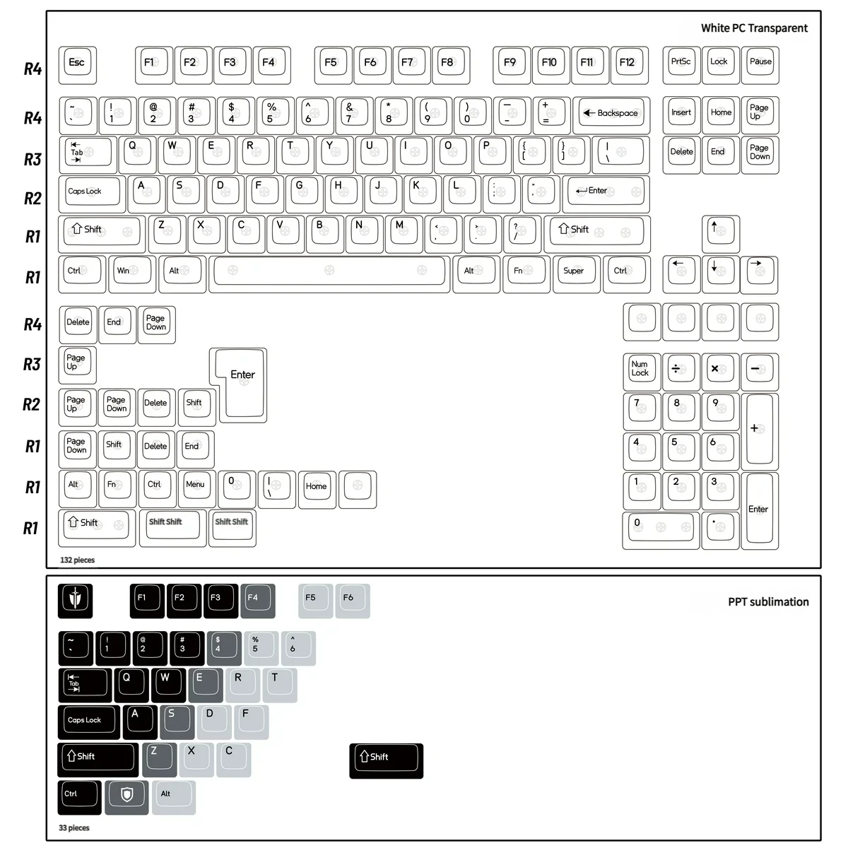 Side profile of Knight keycaps highlighting the PBT and PC layers