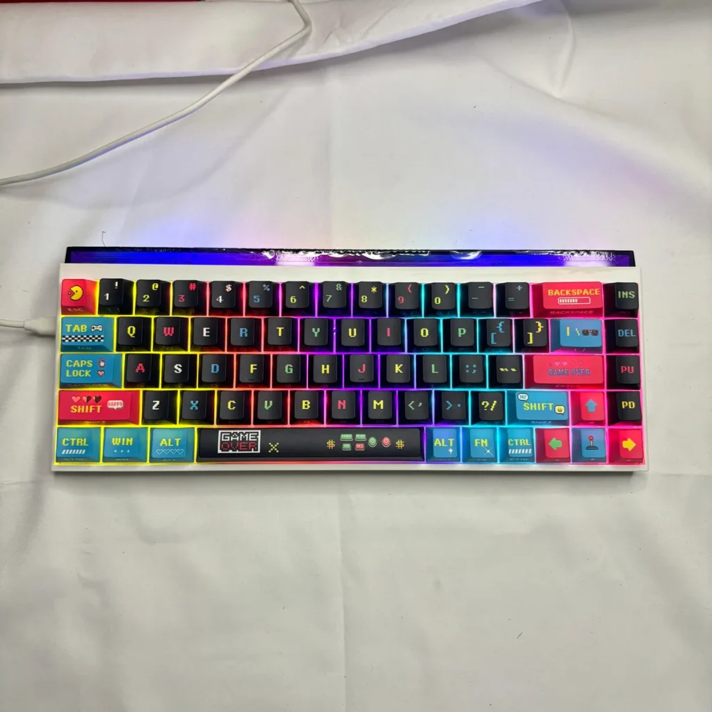 Macro shot of a single keycap with detailed pixel art design and legend clarity.