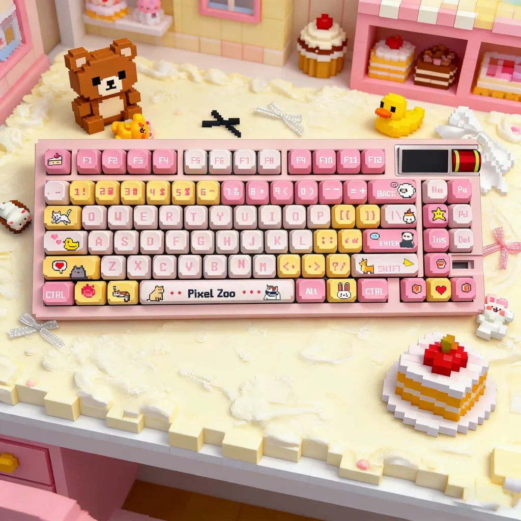 Overhead shot of a keyboard with the full 108-key Pixel Zoo set installed, featuring various animal designs.