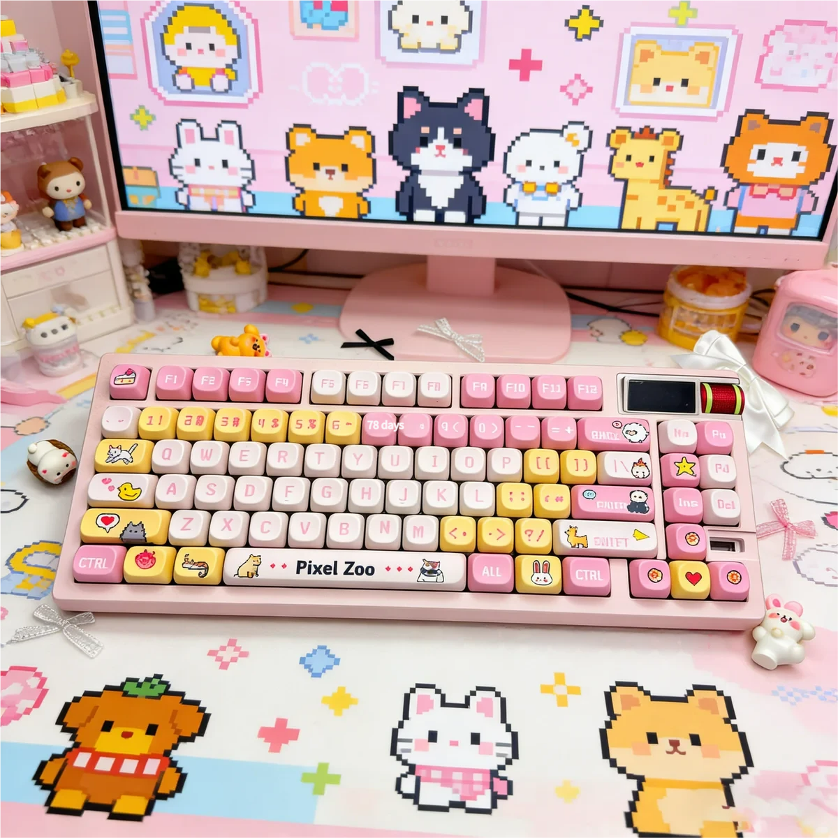 Pixel Zoo Keycap Set on a mechanical keyboard, showcasing vibrant pixel art animals and MOA profile.