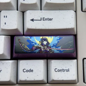 Raiden Shogun Titanium Keycap on a mechanical keyboard, close-up showing intricate details and anodized finish