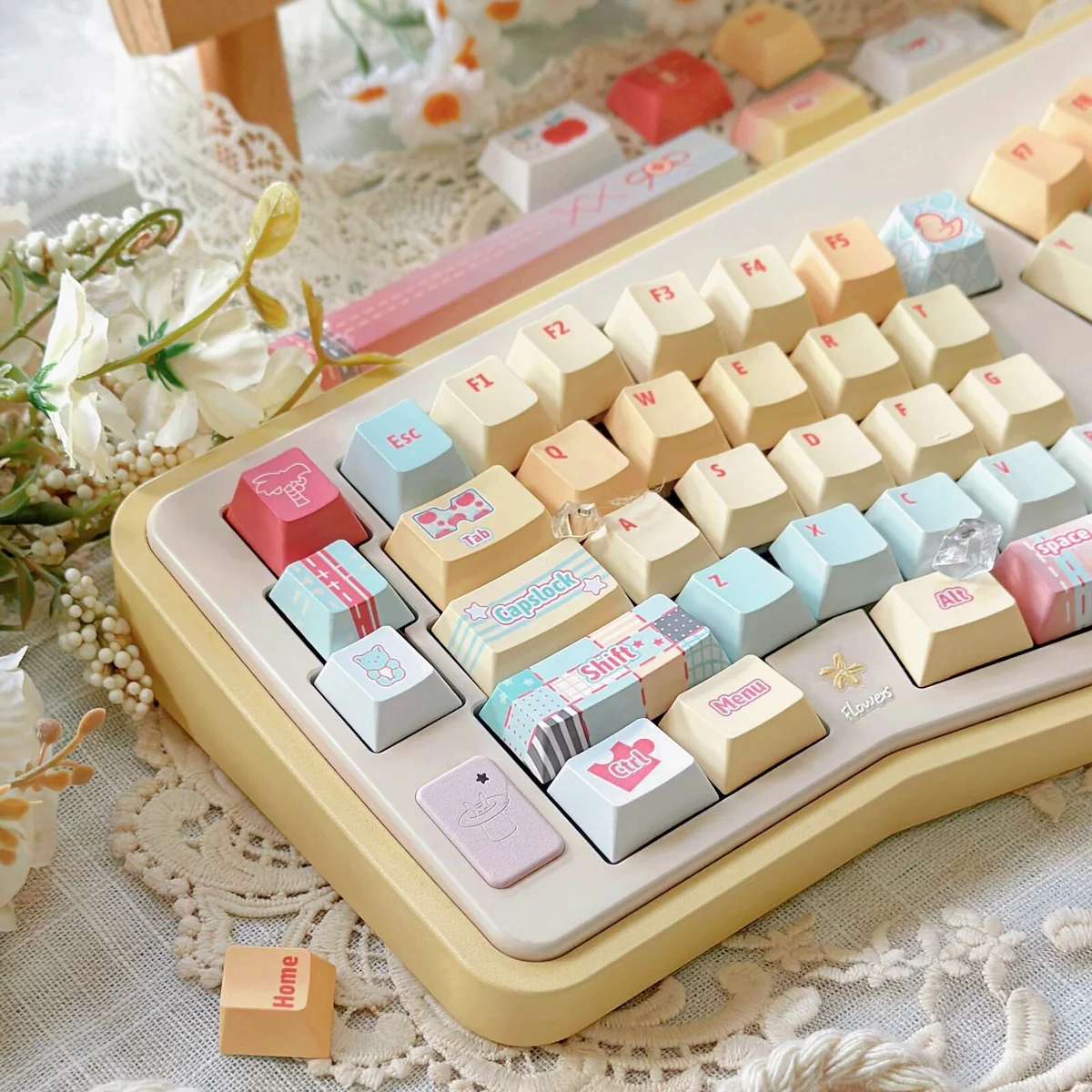 Close-up of Ramune soda bottle design on PBT keycaps