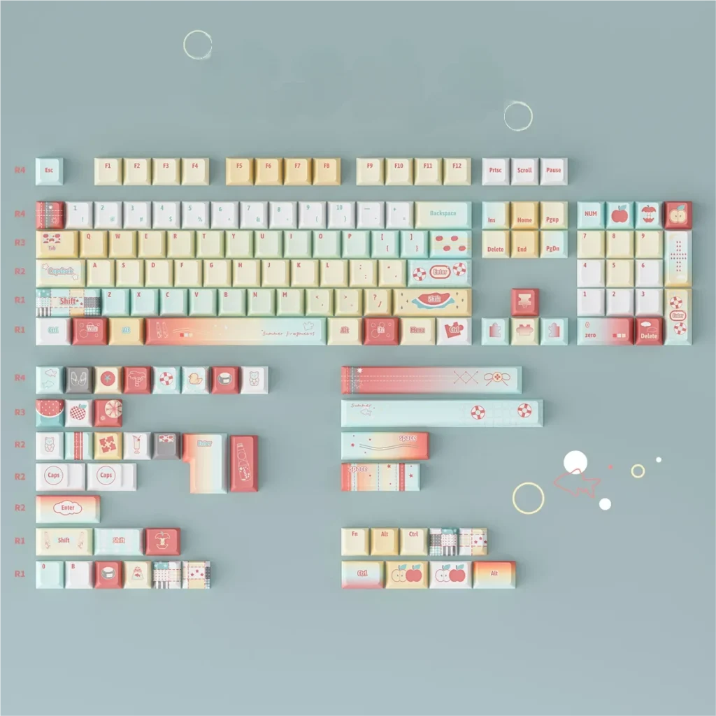Desk setup featuring a custom keyboard with Bubbly Ramune keycaps