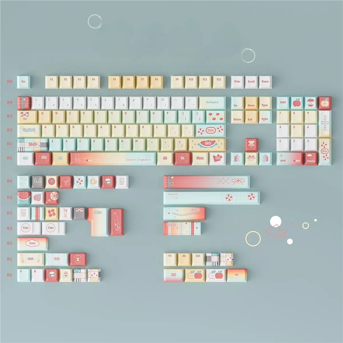 Desk setup featuring a custom keyboard with Bubbly Ramune keycaps