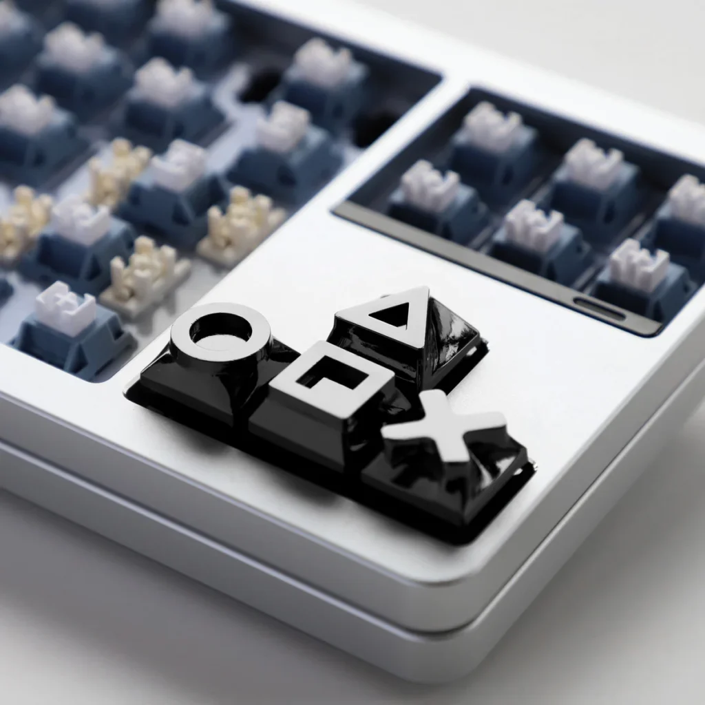 Gaming console keycap set installed on a dark mechanical keyboard, highlighting the retro design.