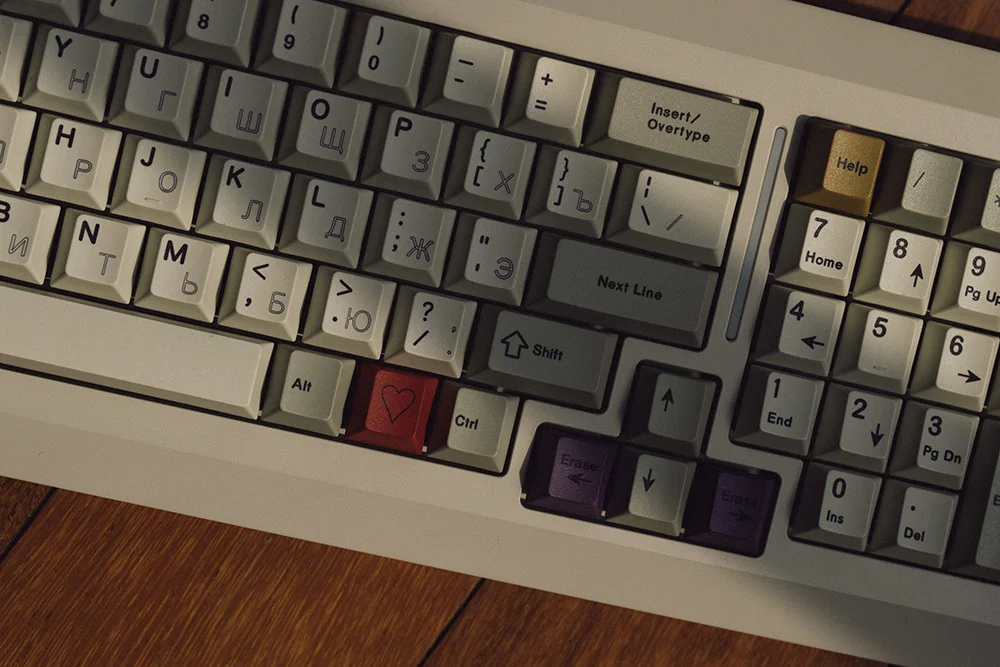 Retro Russian PBT Keycap Set on mechanical keyboard, showcasing hollow legends