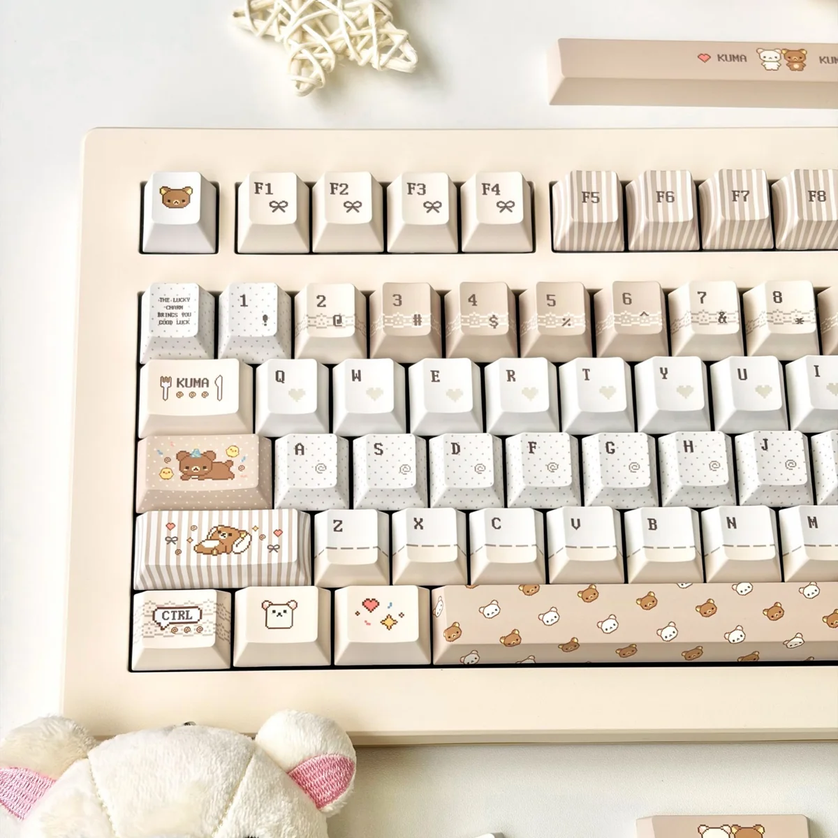 Close-up of Rilakkuma and Kaoru Pixel Pixel Rilakkuma PBT highlighting details and finish
