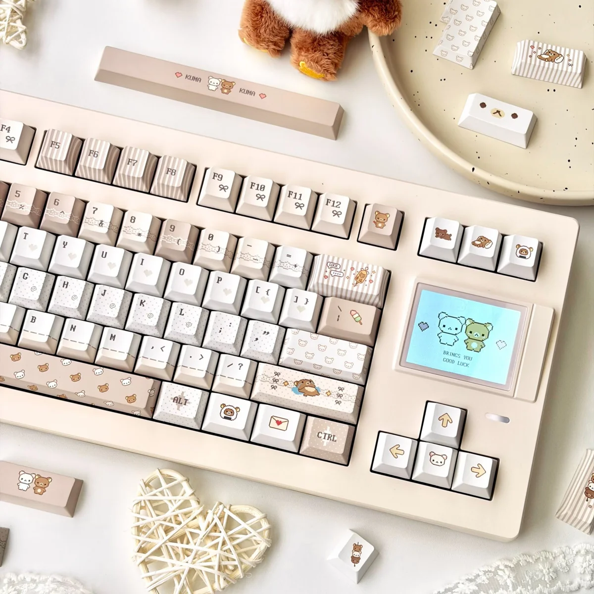 Side profile of Rilakkuma and Kaoru Pixel Pixel Rilakkuma PBT showing keycap set shape and fit