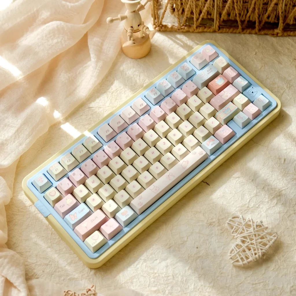Keyboard setup featuring Romance Until Death keycaps with subtle backlighting.