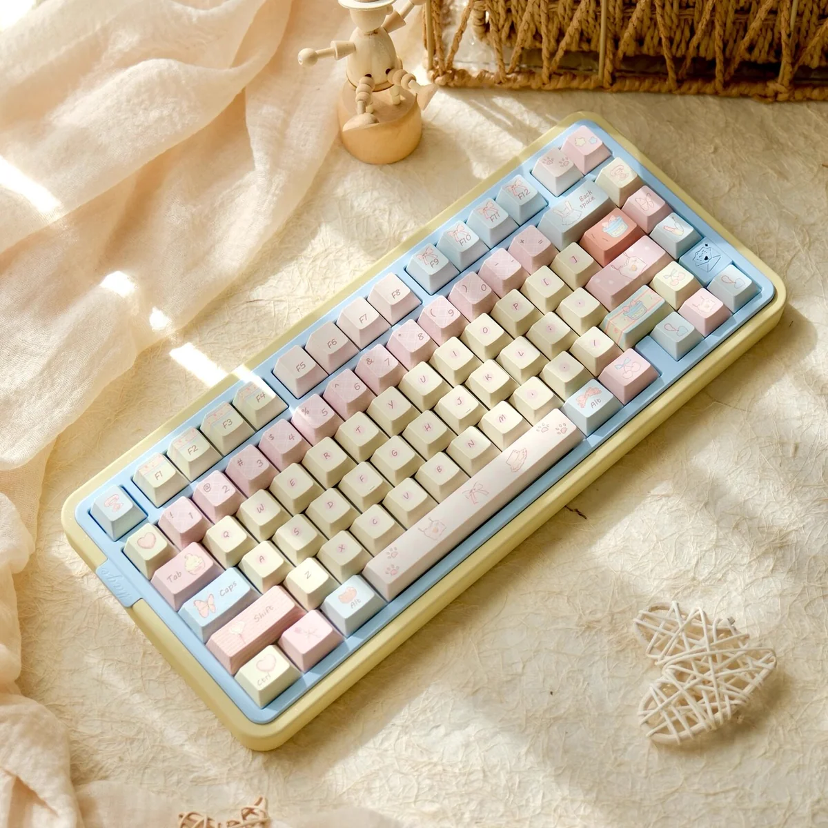 Keyboard setup featuring Romance Until Death keycaps with subtle backlighting.