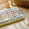 Close-up of pastel PBT dye-sub keycaps, highlighting intricate romantic legends.