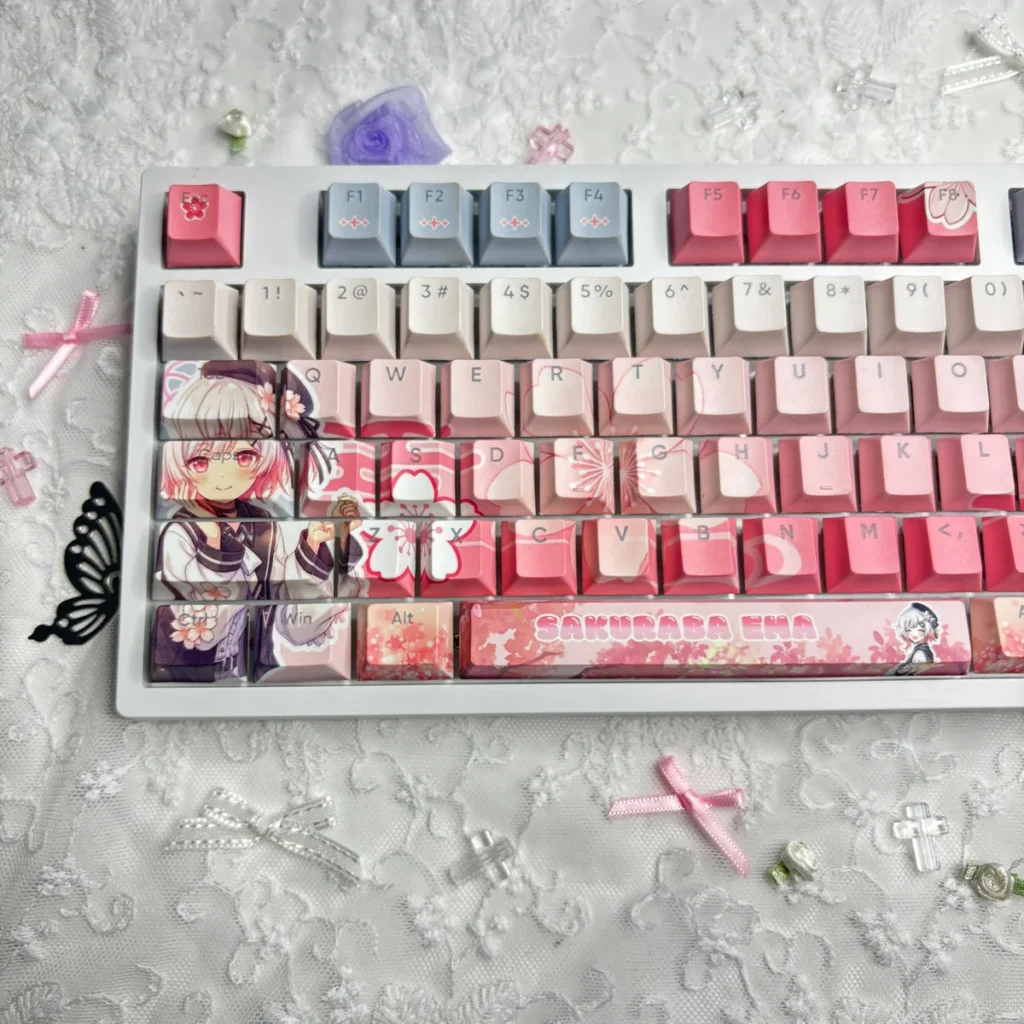 Side view of Sakuraba Ema Cherry Profile keycaps, demonstrating their ergonomic height and sculpting.
