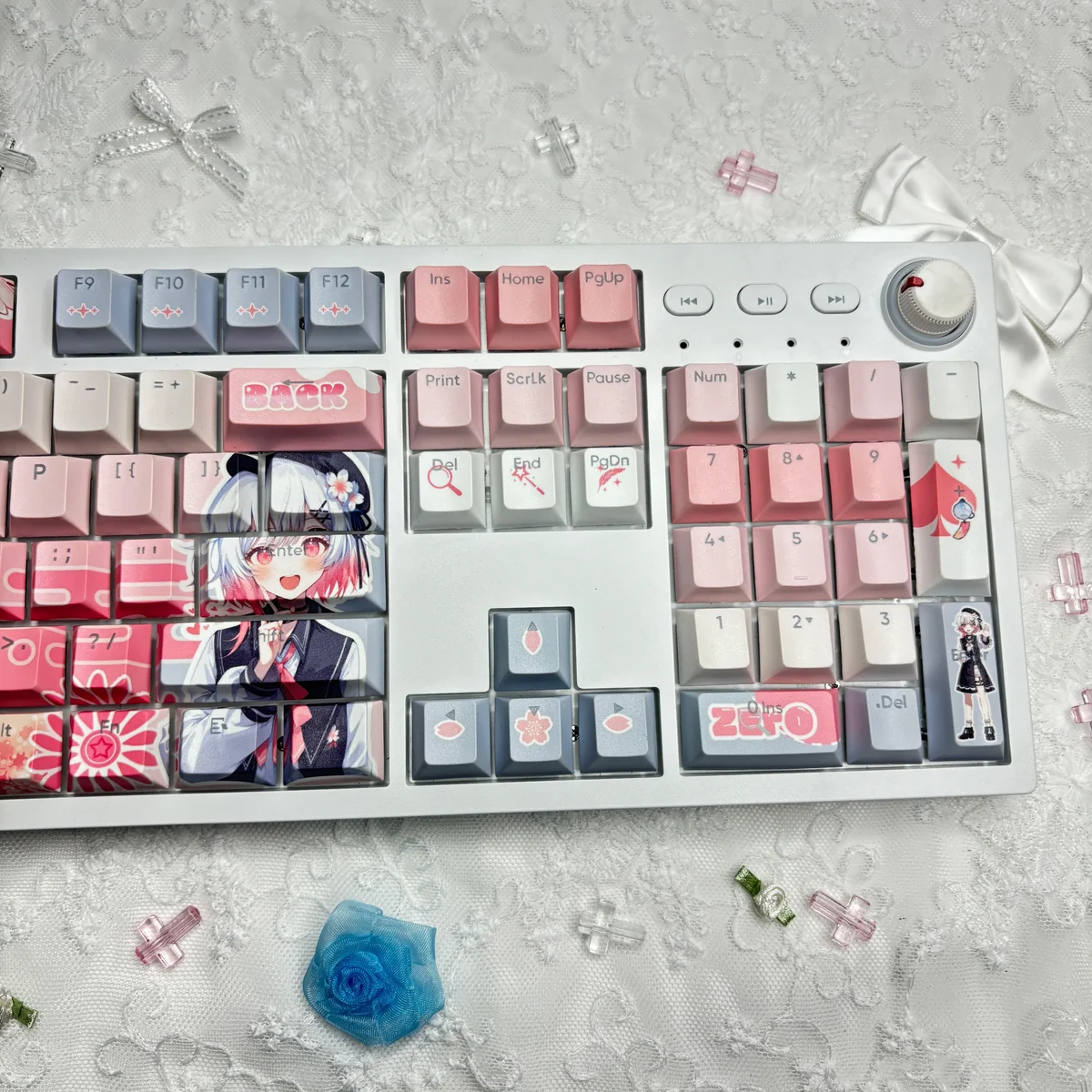 Texture shot of PBT Dye-Sub keycap surface from the Sakuraba Ema set, showing color vibrancy.