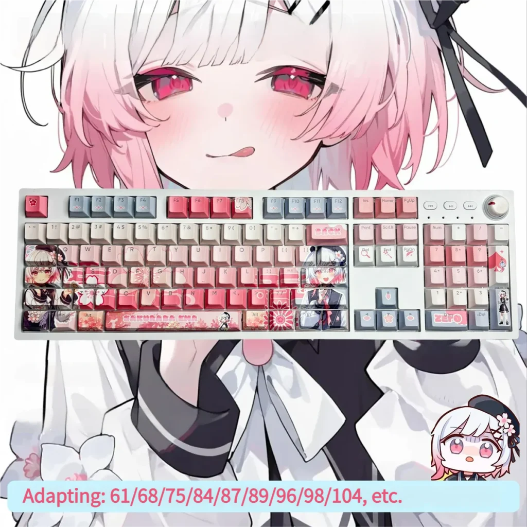 Sakuraba Ema Magical Girl Keycap Set on a white mechanical keyboard, showcasing vibrant anime art.