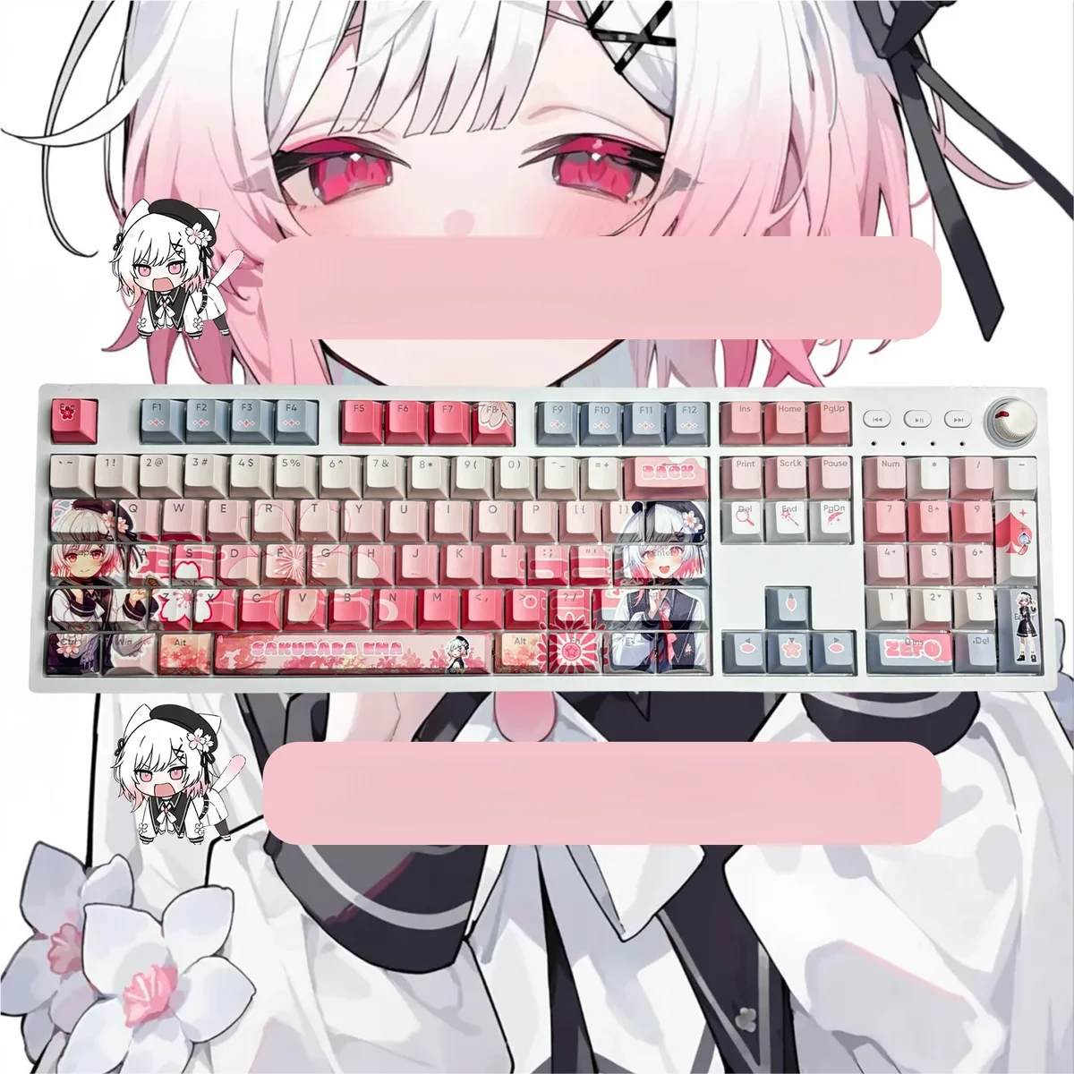 Close-up of Sakuraba Ema PBT Dye-Sub keycaps, highlighting the detailed character design and Cherry Profile.