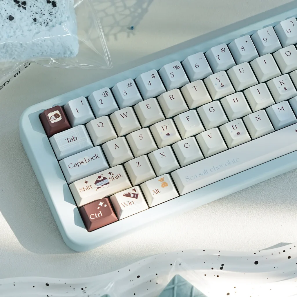 Close-up of Sea Salt Choco PBT keycap texture and dye-sublimated legends