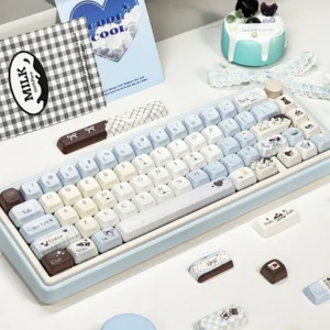 Sea Salt Choco Keycap Set installed on a compact mechanical keyboard in a serene desk setup