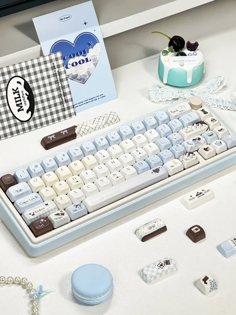 Sea Salt Choco Keycap Set installed on a compact mechanical keyboard in a serene desk setup