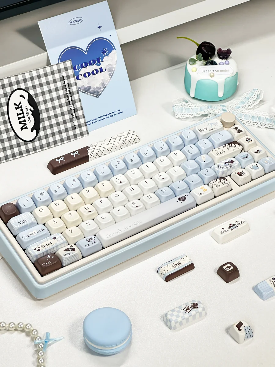 Sea Salt Choco Keycap Set installed on a compact mechanical keyboard in a serene desk setup