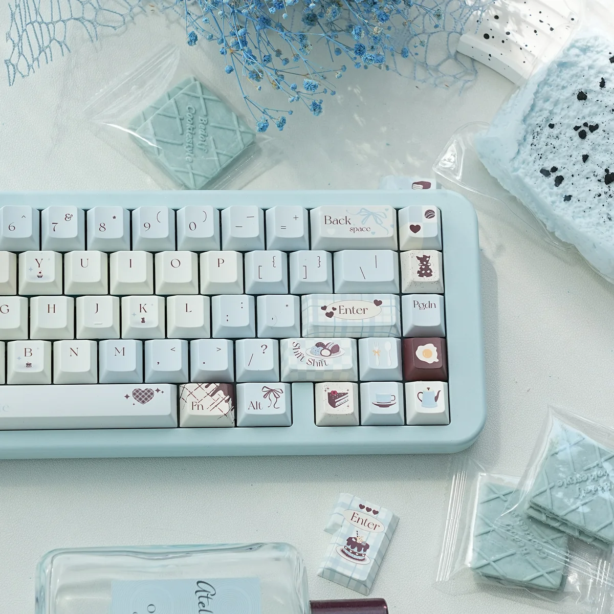 Side profile view of Sea Salt Choco Cherry profile keycaps showing ergonomic sculpt