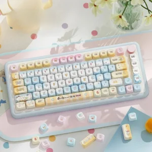 Seaside PBT Keycap Set with ocean blue and sandy tones, showcasing MOA profile on a mechanical keyboard.