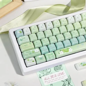 Keyboard featuring keycaps in a serene workspace