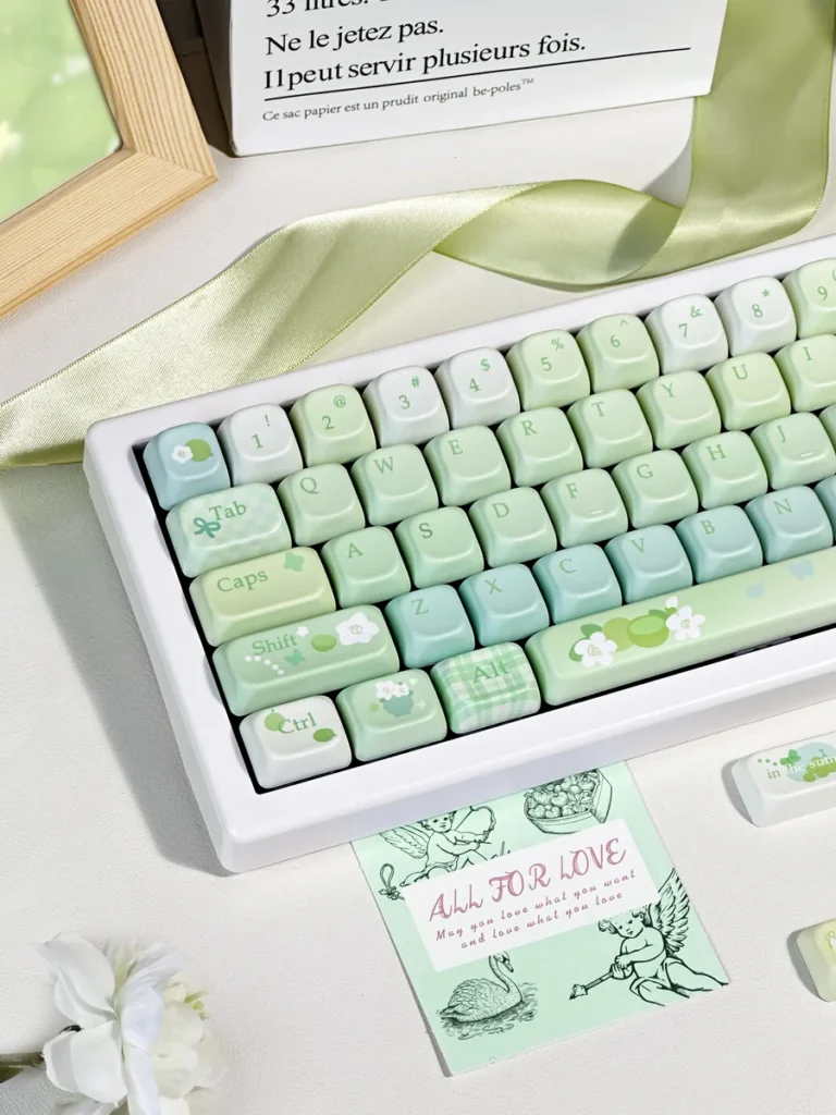 Keyboard featuring keycaps in a serene workspace
