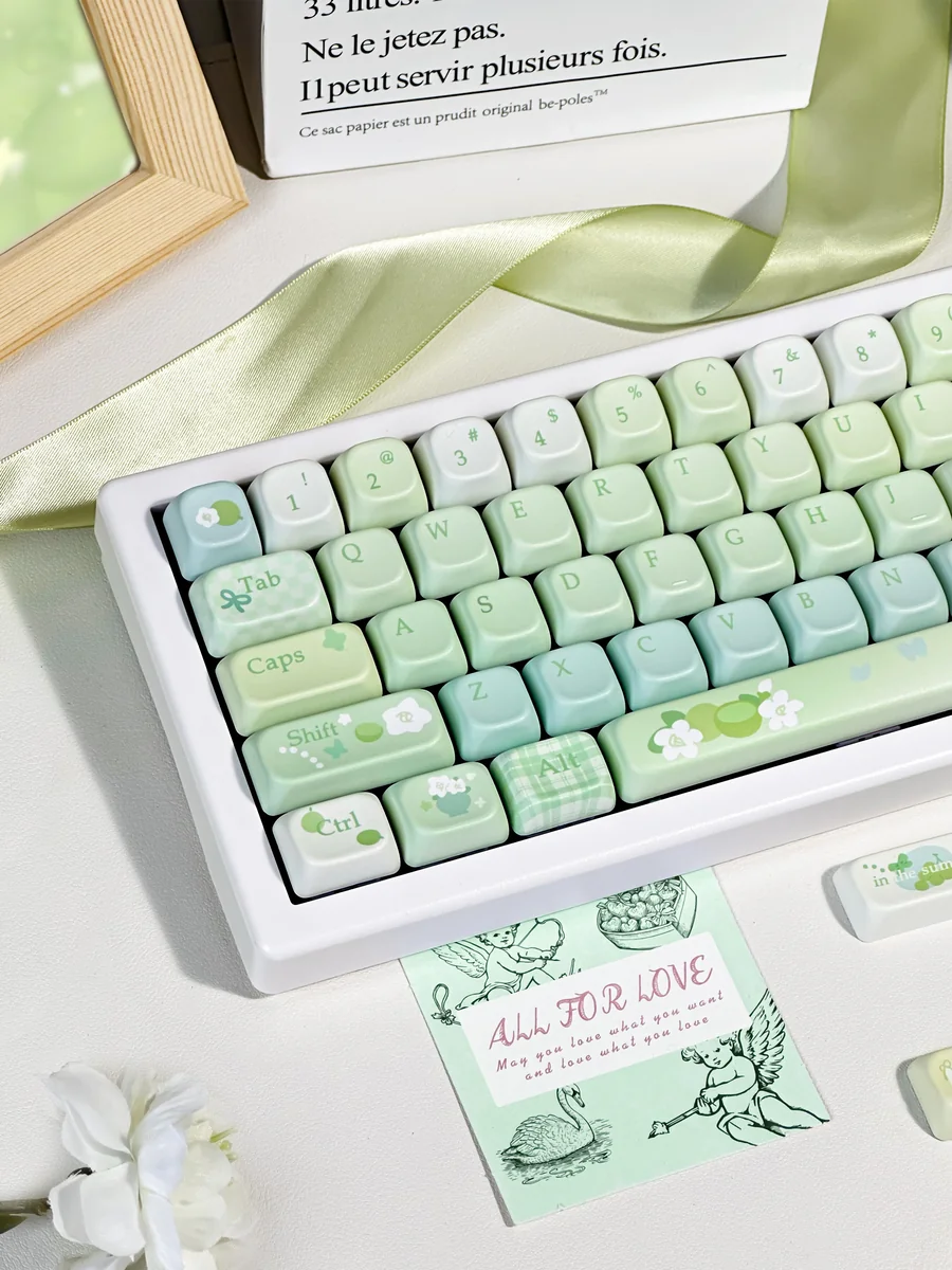 Keyboard featuring keycaps in a serene workspace