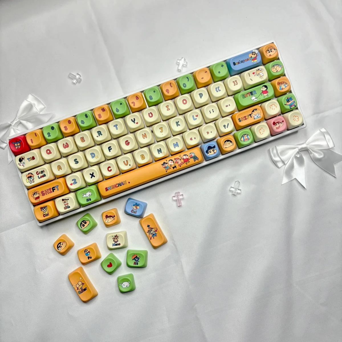 Detail shot of Shinnosuke Nohara character keycap, showing crisp, fade-resistant legends.