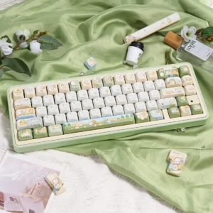 Full layout of Sumikko Gurashi PBT keycap set showcasing all 143 keys with pastel characters