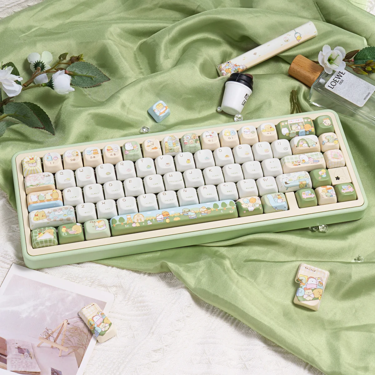 Full layout of Sumikko Gurashi PBT keycap set showcasing all 143 keys with pastel characters
