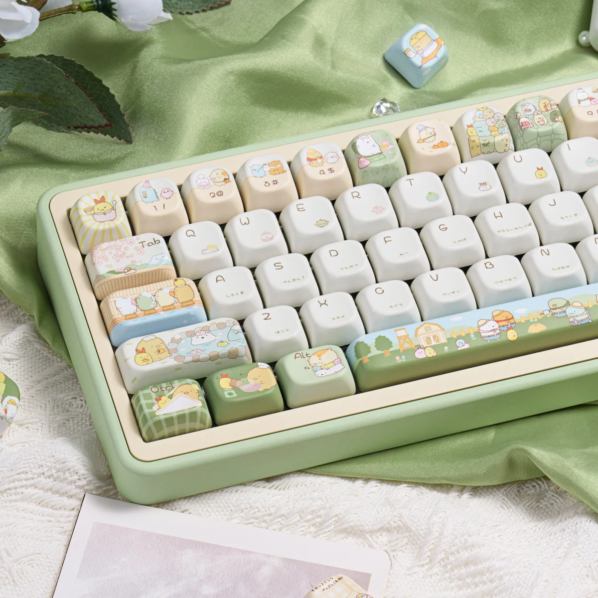 Sumikko Gurashi keycap set installed on a mechanical keyboard, showing aesthetic integration