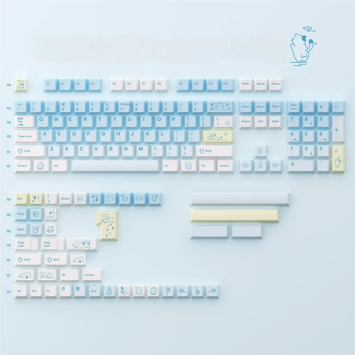 All 149 Summer Kitty PBT Dye-Sub keycaps neatly laid out, showcasing the complete set's variety and keycap profiles