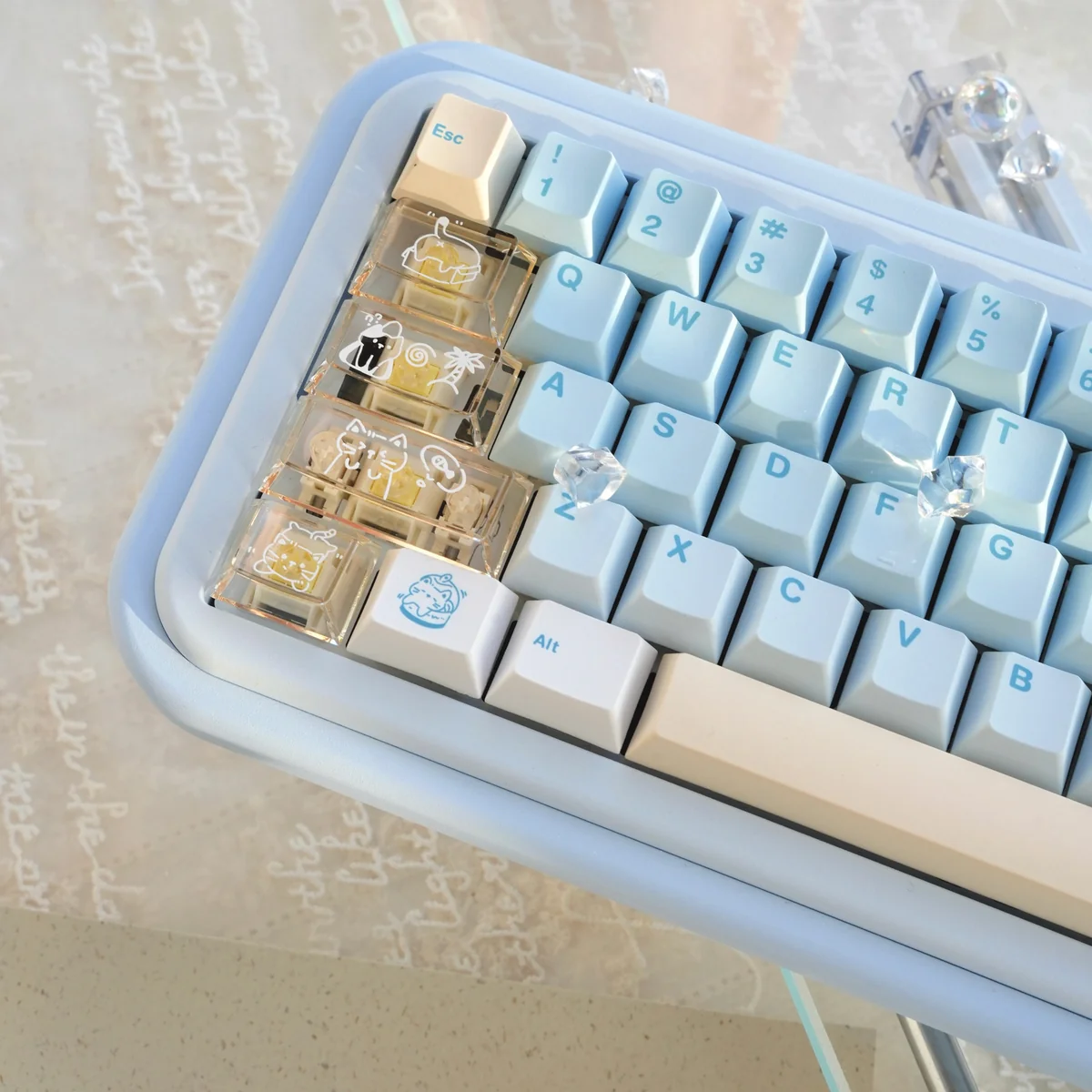 Overhead view of the Summer Kitty Keycap Set on a keyboard, paired with a complementary pastel desk mat, creating a whimsical setup