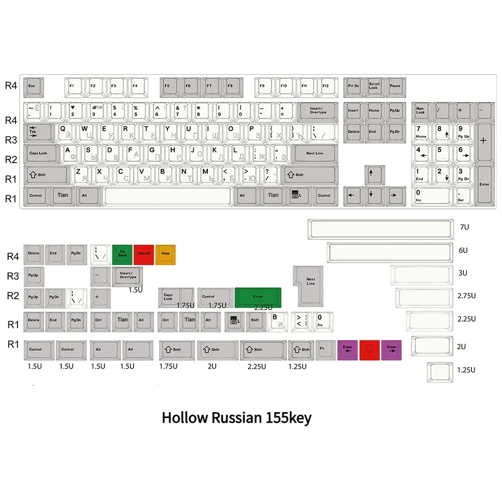 Textured surface of PBT keycaps with clear hollow Russian characters