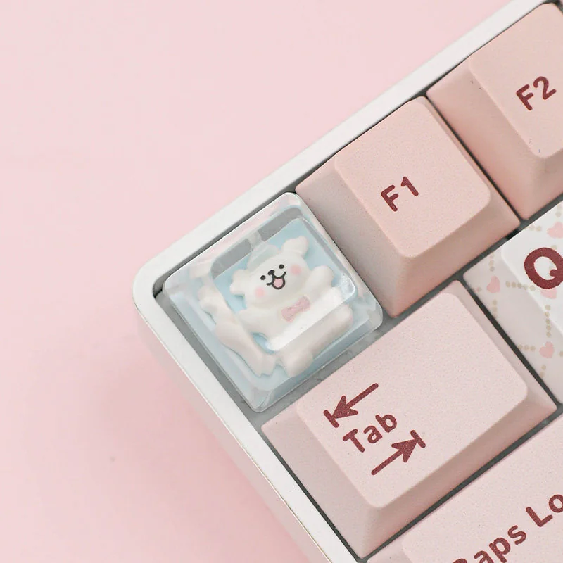 Close-up of translucent resin Maltese Dog keycap line art details