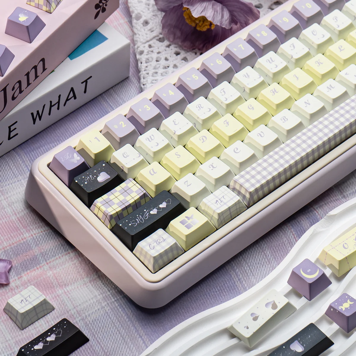 Close-up of Unforgettable Moments Cherry profile PBT keycaps with soft nostalgic legends