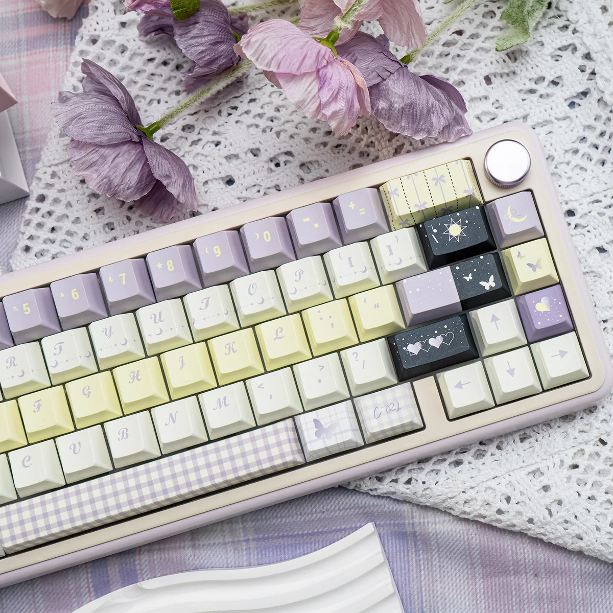Side view showing Cherry profile sculpting on Unforgettable Moments PBT keycaps
