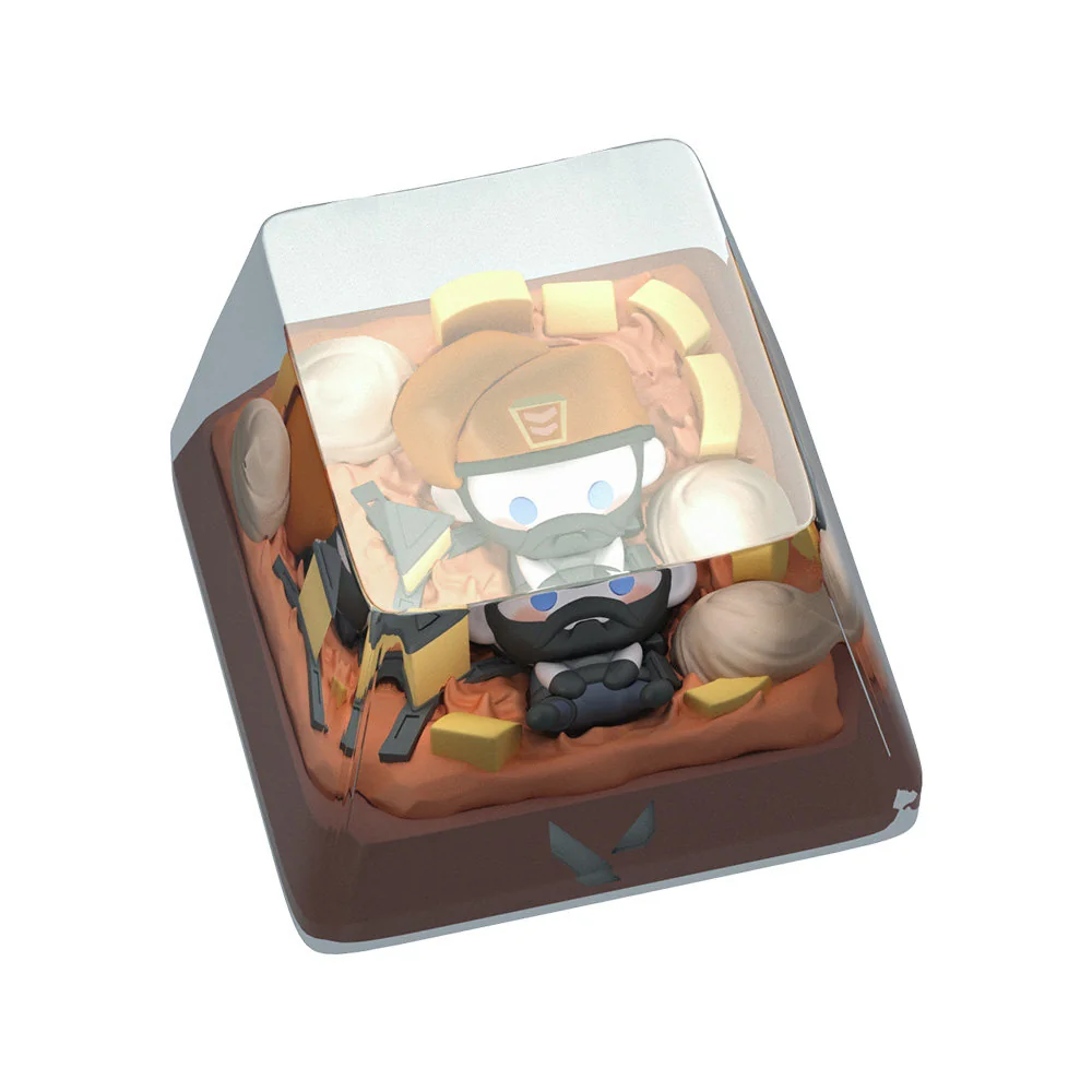 Detailed close-up of Valorant Brimstone character art within transparent resin keycap