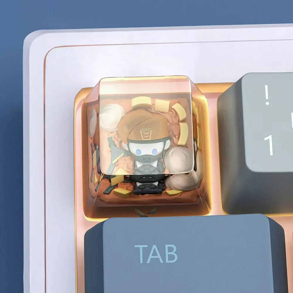 Valorant Brimstone transparent artisan keycap installed on a mechanical keyboard with RGB lighting