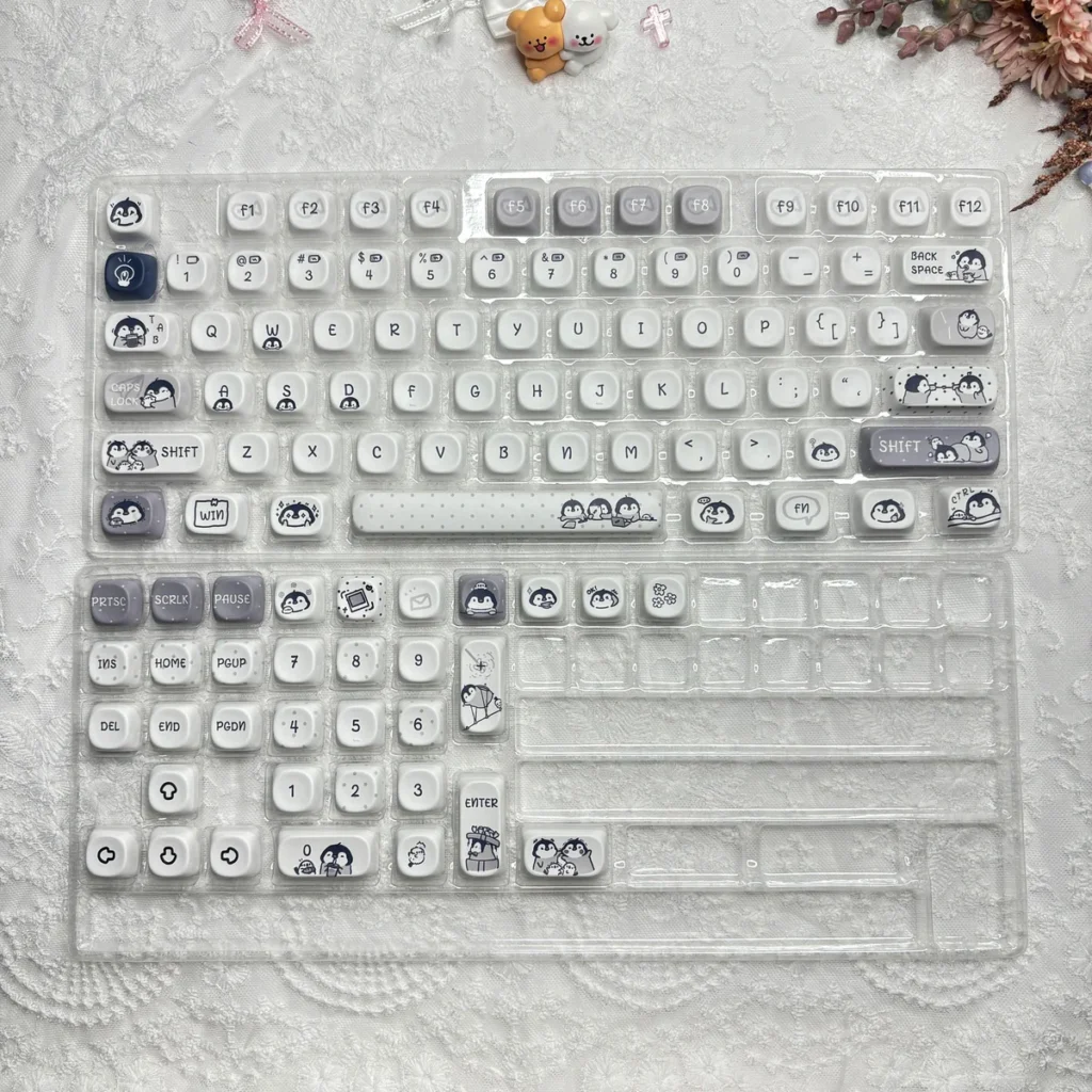 Full view of the 108-key Working Penguin Keycap Set layout, emphasizing PBT material and vibrant design