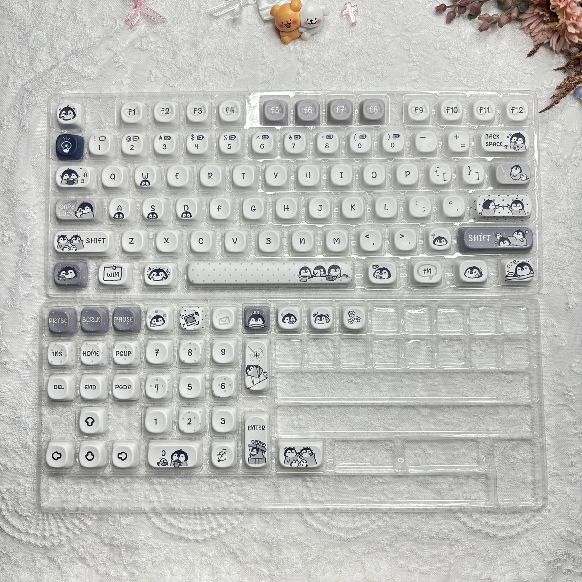 Full view of the 108-key Working Penguin Keycap Set layout, emphasizing PBT material and vibrant design